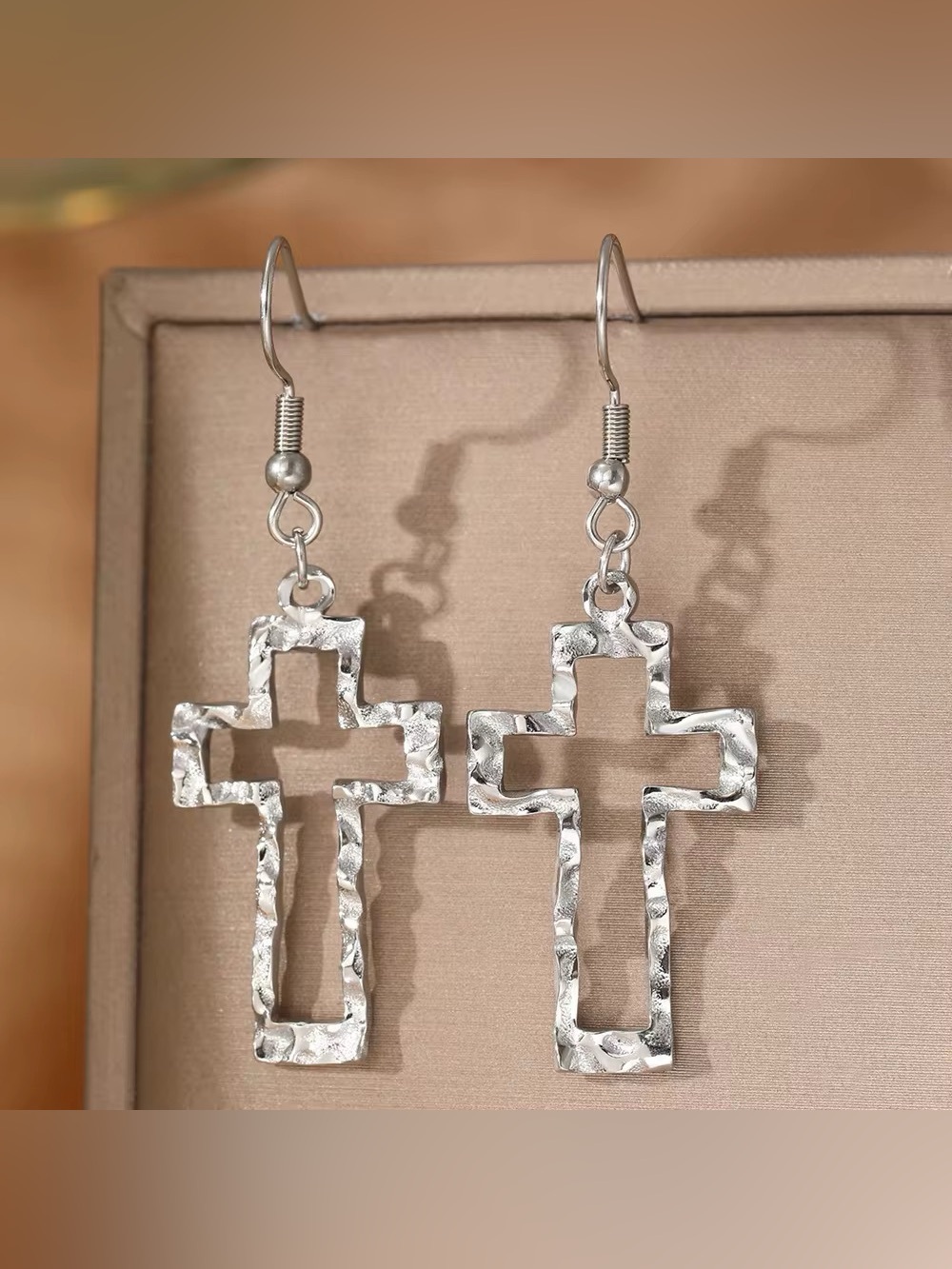Hammered Silver Cross Drop Earrings - Women's Jewelry